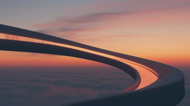 Photograph of a curved bridge at sunset. the bridge is made of concrete and has a curved shape, creating a sense of depth and dimension.