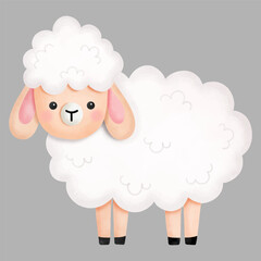 Hand drawn watercolor Little lamb on gray background for baby room wall art, cartoon nursery animal, baby shower decoration, Concept for children print.