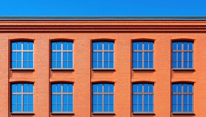 Fototapeta premium A vibrant brick building with multiple windows, set against a clear blue sky, showcasing a blend of modern design and classic architecture.
