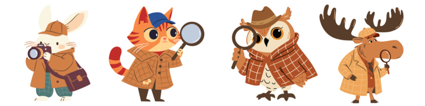 A set of flat vector illustrations in a simple children's style. Cute animal detectives with camera and magnifying glass, moose, cat, hare and owl. Vector illustration