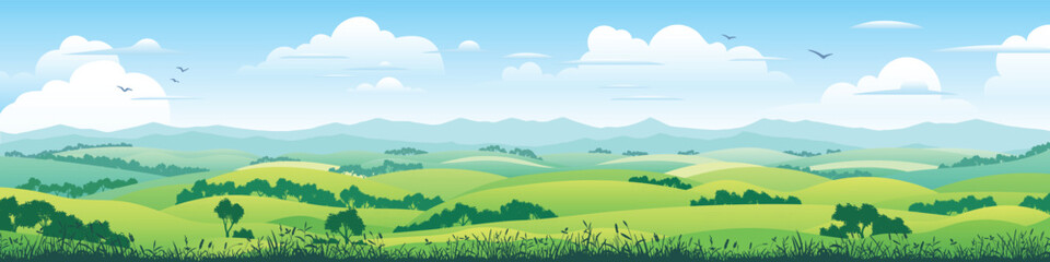 Obraz premium View of summer landscape, spring hills, green meadows and hills, bird flock, panoramic view, vector illustration