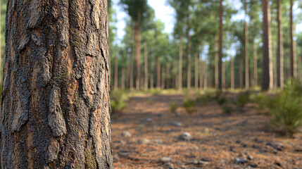 Obraz premium Tronco de árbol en primer plano con un bosque de pinos al fondo