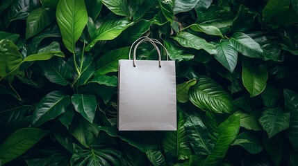 A blank white shopping bag mockup on lush green leaves, symbolizing sustainability, zero waste, and environmental conservation for eco-friendly product designs.