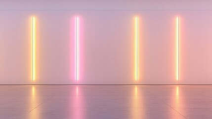 A minimalist interior featuring vertical neon lights in soft pink, orange, and yellow hues against a plain wall.