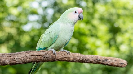 Obraz premium Vibrant Green Parrot Perched on Branch in Sunlit Forest