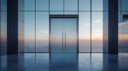 Fototapeta premium A modern glass door opens to a stunning view of the sunset over a city skyline, creating a serene and inviting atmosphere.