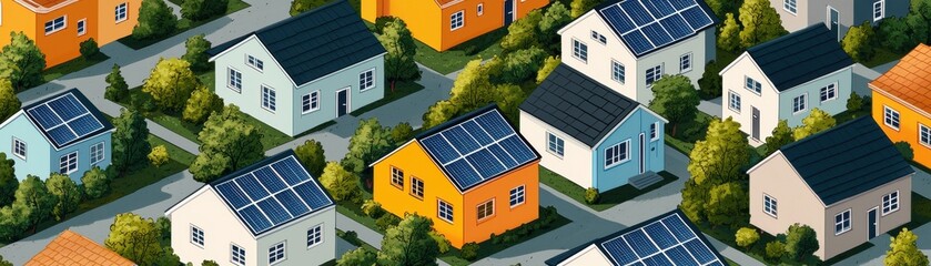 Vibrant community with solar panel roofs in a sustainable neighborhood.