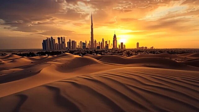 Sunset over urban skyline with desert dunes in foreground near Dubai