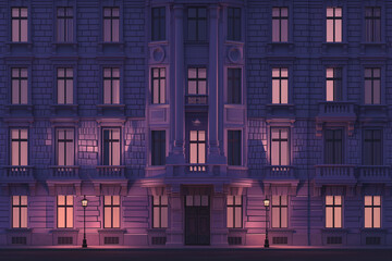 Illustration of an Old Building with Door and Windows at Night. Cityscape Concept. Generative AI
