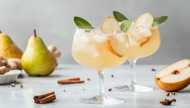A ginger and pear mocktail, with a hint of cinnamon, served over ice in a vintage coupe glass for a warm, spicy flavor. - Powered by Adobe