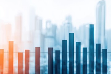 Obraz premium A blurred cityscape with a colorful bar graph overlay, symbolizing data analysis and economic growth.
