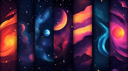 a collage of mesmerizing galaxy illustrations, showcasing vibrant colors and cosmic elements