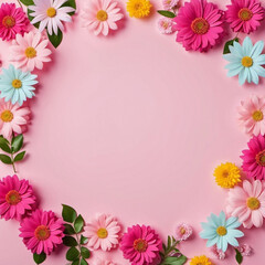 Floral arrangement with pink, blue and yellow flowers, green leaves on a pastel pink background. Elegant botanical composition with space for text.