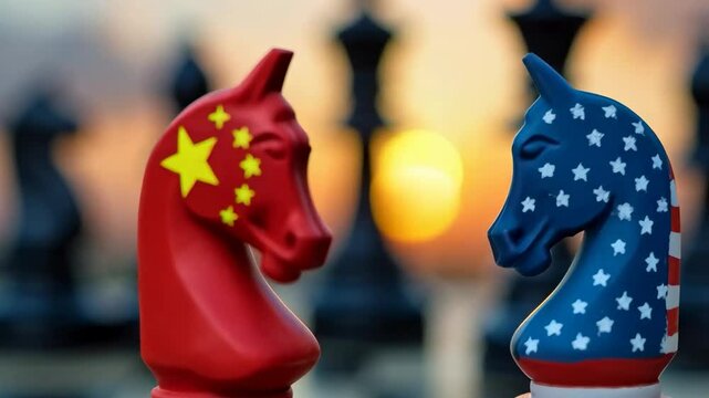 The image shows two chess knights facing each other. The left horse is the red flag of China. The right horse is the flag of the USA. Blurred chess pieces and the setting sun are visible in the backgr
