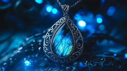 Labradorite pendant necklace with silver filigree on blue lights background