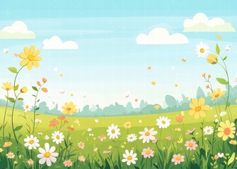 Obraz premium spring background with flowers and text Hello Spring. Hand-drawn illustration of cute flowers, leaves, and petals on a pastel-colored field