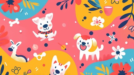 Cute dogs in floral garden background, playful illustration