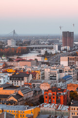 Kyiv cityscape at twilight with Belt of Venus in the sky