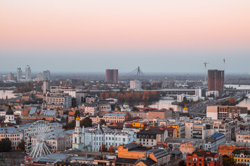 Kyiv cityscape at twilight with Belt of Venus in the sky