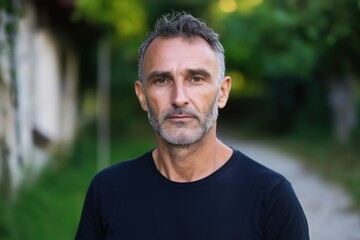 A man with a beard and gray hair is standing in front of a wall. He is wearing a black shirt and he is looking at the camera