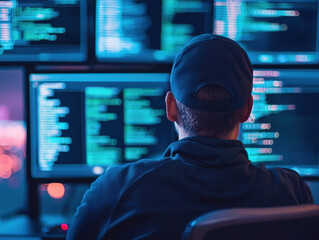 person debugging code on multiple screens in dimly lit room