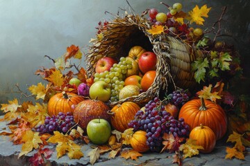 Autumn cornucopia still life with fall leaves and pumpkins