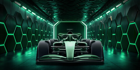 high performance formula car in green open single seater racing car is prominently displayed in a led light honeycomb high-tech environment. Motorsport car launch presentation or concept background.