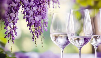 A picturesque vineyard setup with wine glasses elegantly placed between deep purple wisteria flowers draping from above.