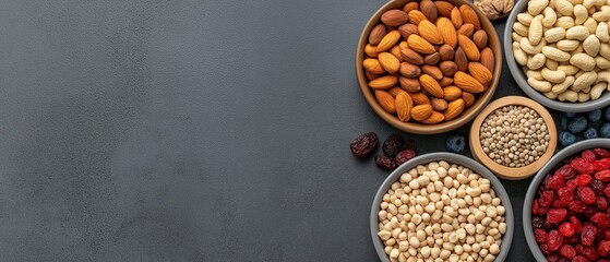 Collection of different types of nuts arranged in bowls on a dark grey background. there are six bowls in total, each containing a different type of nut.
