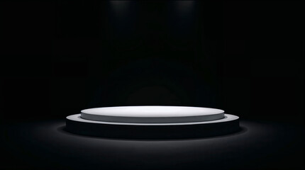 Empty white pedestal for product placement in spotlight on simple black background