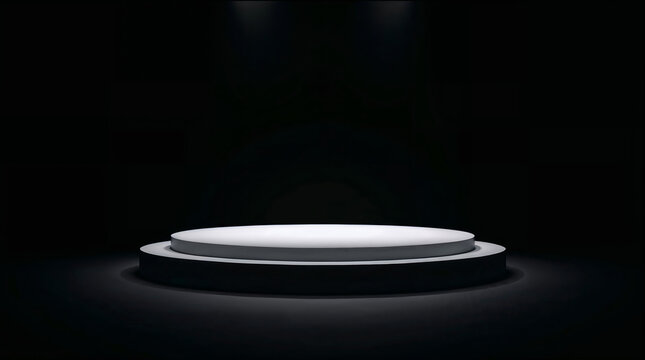 Empty white pedestal for product placement in spotlight on simple black background