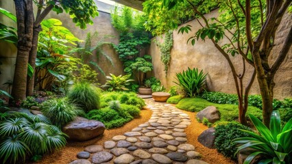 Serene Courtyard Garden Path A Tranquil Oasis of Lush Greenery and Stone