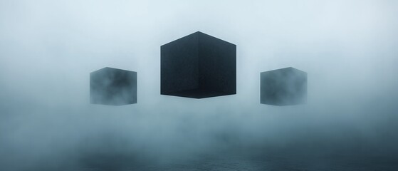 Three black cubes floating in a foggy, misty landscape. the cubes are arranged in a triangular formation, with the largest cube in the center and two smaller cubes on either side.
