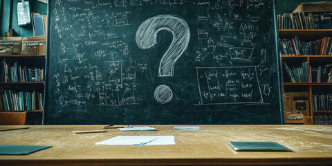 Classroom setting with a chalkboard covered in mathematical equations and a question mark symbolizing inquiry and learning