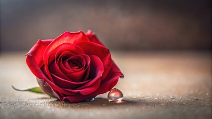A single, vibrant red rose with dewdrop, rests on a rustic surface, beside a glistening orb, a symbol of elegance and fleeting beauty.