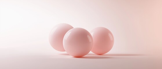 Fototapeta premium Three pink spheres arranged in a triangular formation on a plain white background. the spheres are all the same size and shape, with the largest one in the center and two smaller ones on either side.