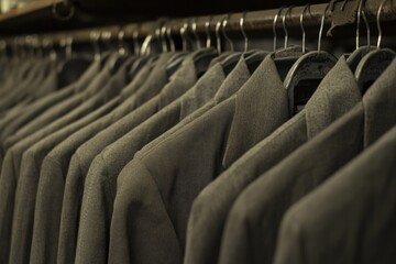 Obraz premium Quality suits neatly arranged in a production batch for retail display. Generative AI