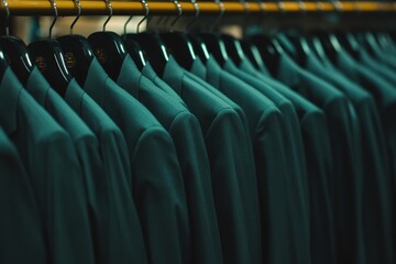 Fototapeta premium Neatly arranged suits display in production at tailoring workshop. Generative AI