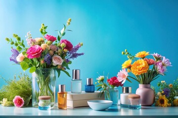A vibrant still life featuring colorful bouquets of fresh flowers arranged with an assortment of cosmetic containers and jars, showcasing a refreshing and luxurious aesthetic.