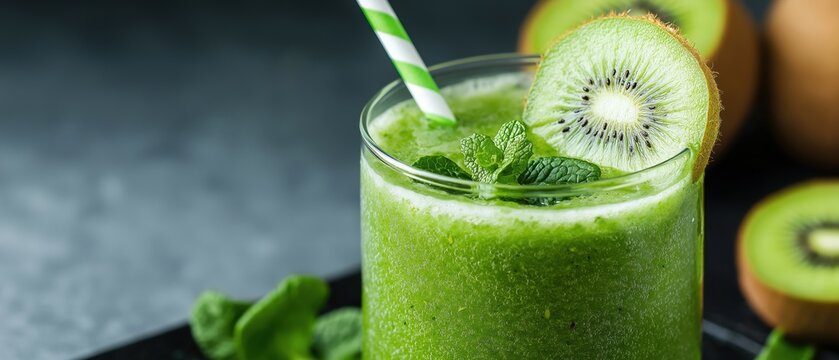 Glass of green smoothie with a slice of kiwi on the rim. the smoothie is garnished with fresh mint leaves and a green and white striped straw.
