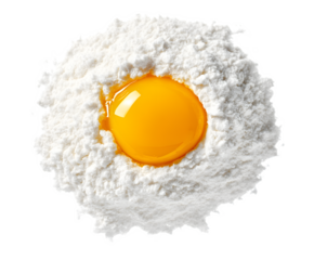 Raw egg yolk in a nest of flour isolated on white background