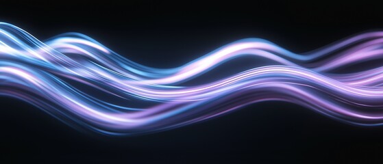 Abstract digital art piece with a black background. it features a wave-like pattern of light blue and purple lines that create a gradient effect.