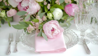 A spring-inspired table setting with blush pink napkins, crystal glasses, and fresh peonies, perfect for a bridal brunch or tea party.