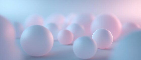 Group of white spheres scattered on a light blue background. the spheres are of different sizes and shapes, with some being larger and others smaller.