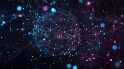 Naklejka premium Abstract Network of Glowing Particles and Connections in a Futuristic Style. A vibrant visualization of interconnected particles, representing technology, connectivity, and futuristic themes.