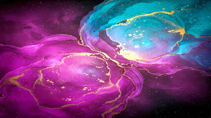Naklejka premium An abstract wallpaper dominated by purple and turquoise colors, occasionally decorated with golden yellow lines.