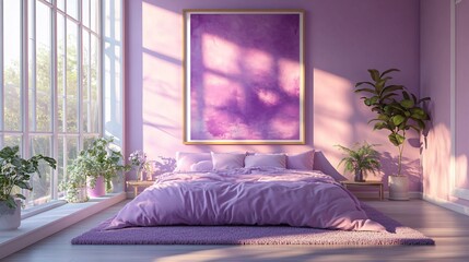 Colorful purple pastel bedroom interior with large framed art print mockup, sunlight streaming through a large window, creating a warm and inviting atmosphere.
