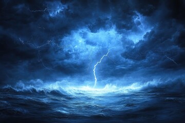 Stormy sea, lightning strikes, dramatic clouds, ominous scene