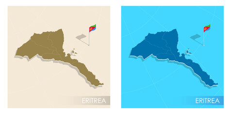 Eritrea country flag installed on geographic positioning map point of country territory. Eritrea commonwealth banner on land and sea. Festive patriotic HD format template for independence day