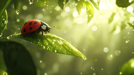 Naklejka premium A ladybug perched on the edge of a green leaf, with sunlight filtering through the leaves creating dappled light and shadows, and water droplets glistening in soft focus.